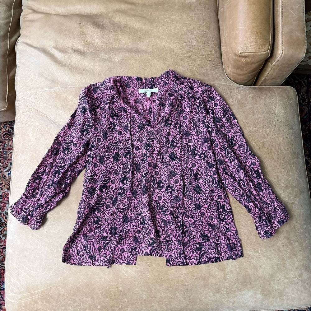 DEREK LAM 10 CROSBY Pink Black Floral Print Lightweight Cotton Blouse Size 4